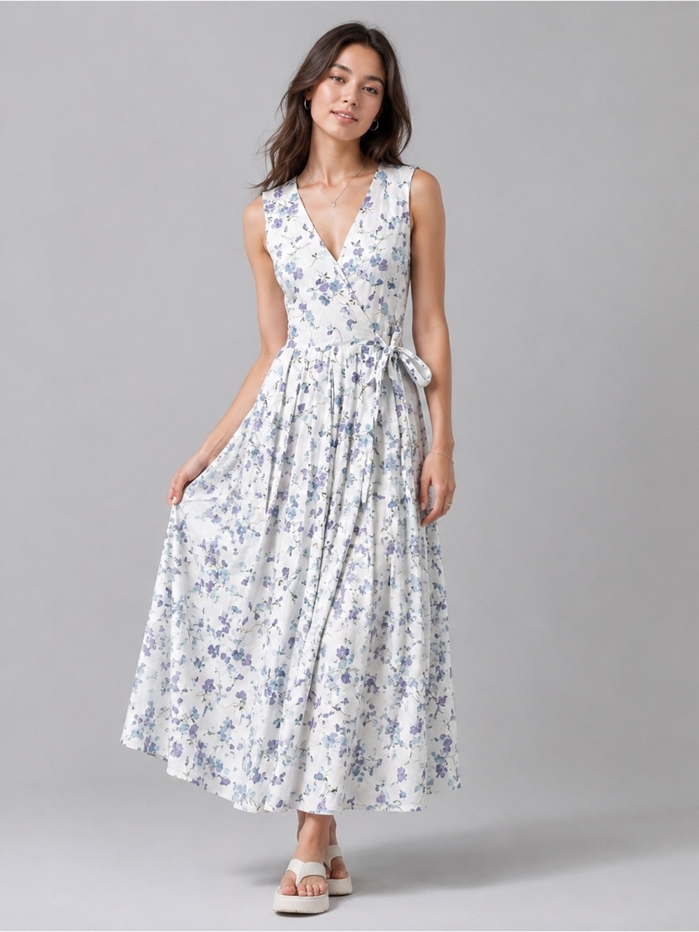 Laura Ashley White Wrap Maxi Dress with Lavender Floral Print
